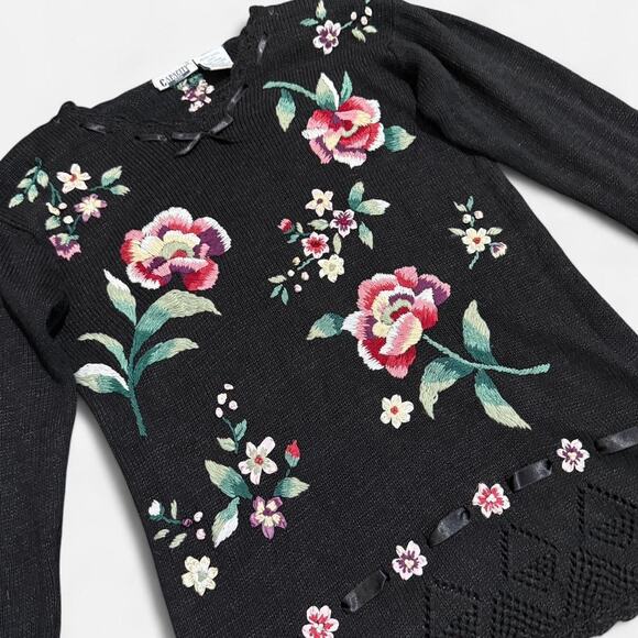 VTG 90s Capacity Black & Multicolor Floral Embroidery Dark Coquette Knit Sweater - Picture 7 of 8
